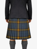 Person wearing a black coat and plaid kilt on a white background