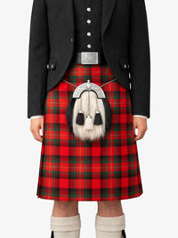 Person wearing a red tartan kilt with a black jacket and white socks on a white background