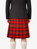 Person wearing a black jacket and red plaid kilt on a white background
