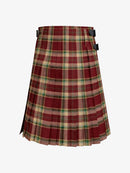 Plaid kilt with red, green, and beige colors on a white background