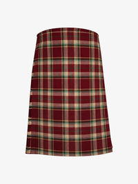 Plaid kilt with red, green, and beige pattern on a white background