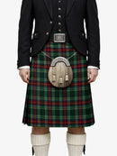 Person wearing a traditional Scottish kilt with a sporran on a white background