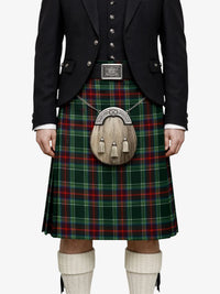 Person wearing a traditional Scottish kilt with a sporran on a white background