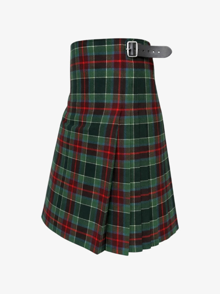 Green and red plaid kilt with a belt on a white background