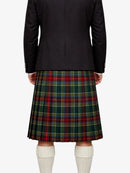 Person wearing a black jacket and green plaid kilt on a white background