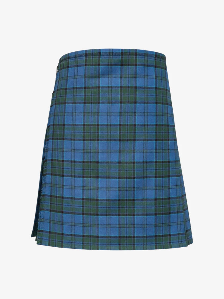 Blue and green plaid kilt on a white background