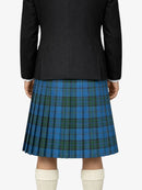 Person wearing a black coat and blue plaid kilt on a white background