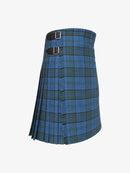 Blue plaid kilt with black belt on a white background