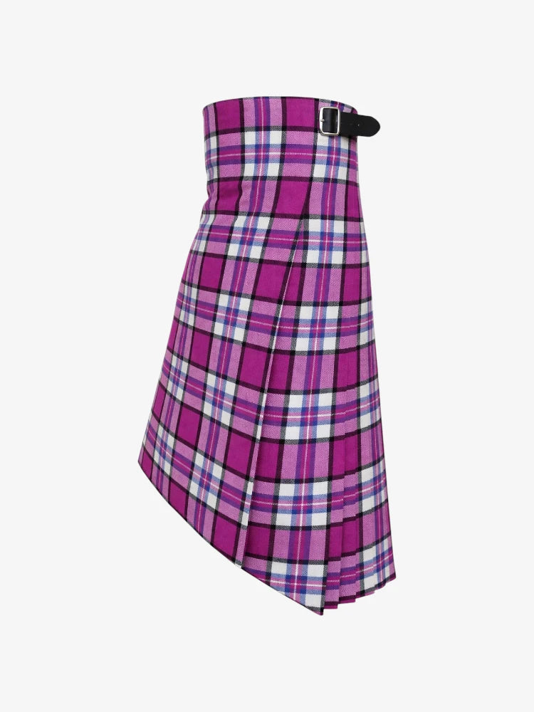 Purple plaid kilt with a belt on a white background