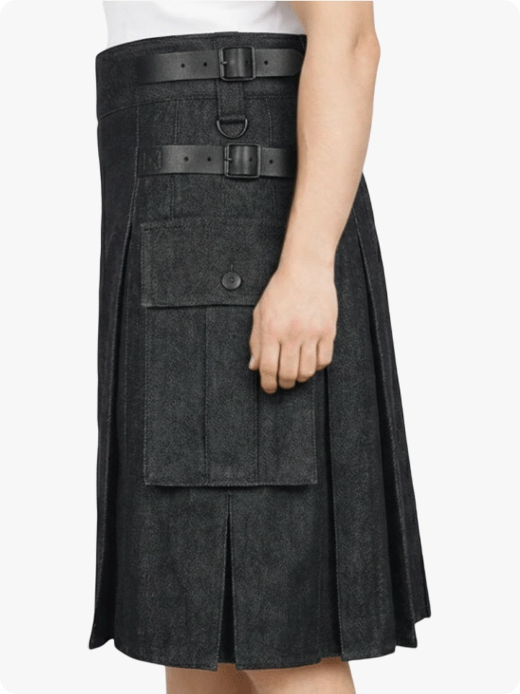 Black denim kilt with a belt on a white background