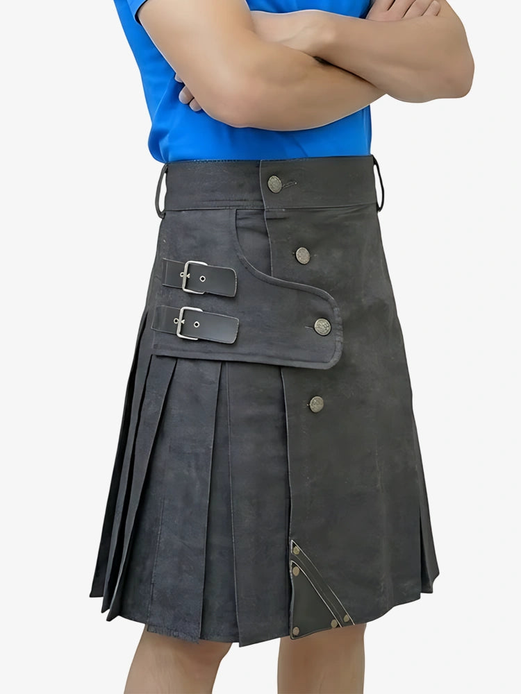 Maßgefertigter schwarzer Denim Utility Strap Kilt