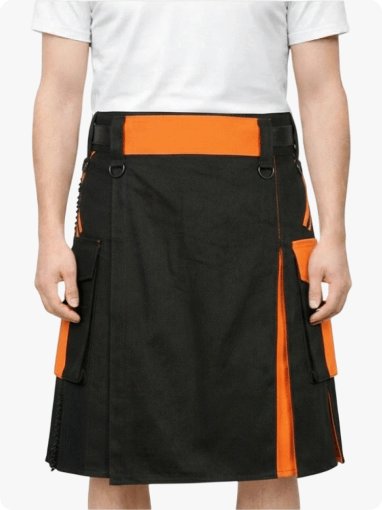 Maßgefertigter schwarzer und orangefarbener Utility Kilt