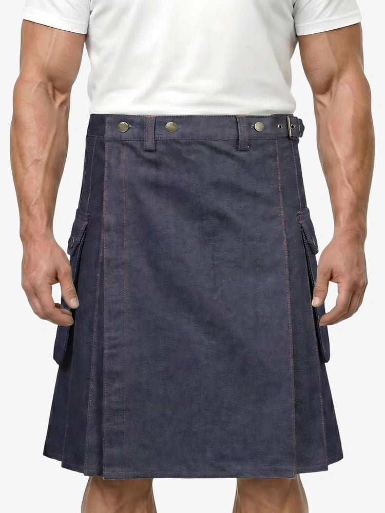 Maßgefertigter blauer Denim Kilt mit rotem Faden