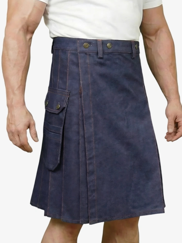 Maßgefertigter blauer Denim Kilt mit rotem Faden