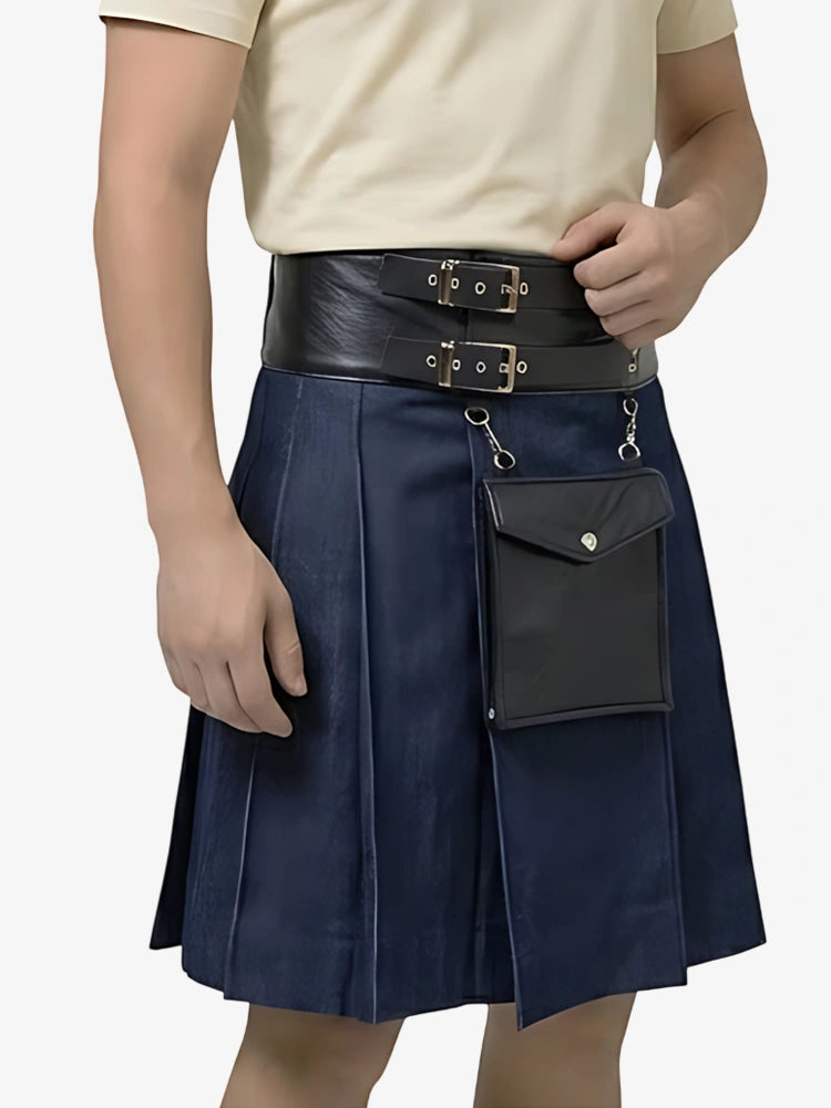 Maßgefertigter Kilt aus blauem Denim und Leder