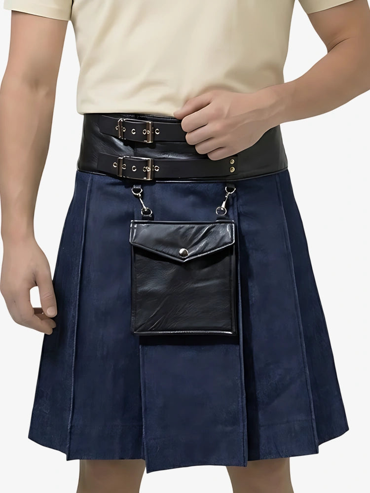 Maßgefertigter Kilt aus blauem Denim und Leder