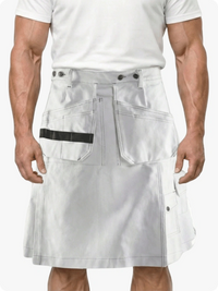 Person wearing a white denim kilt with a plain background