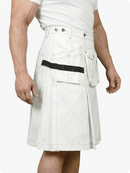 White kilt with a black belt worn by a person on a white background