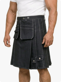 Black kilt with silver buttons worn by a person on a white background
