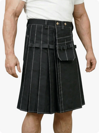 Black pinstripe kilt worn by a person on a white background