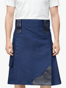 Person wearing a blue apron with black accents on a white background