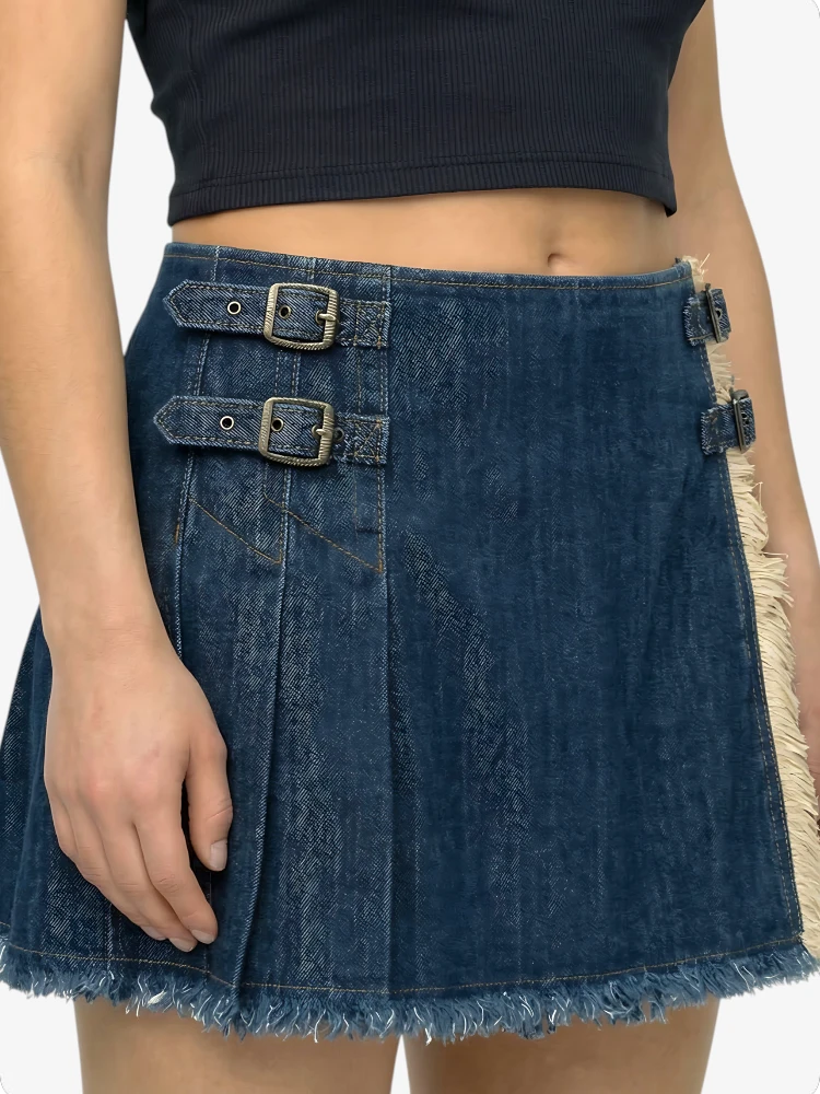 Maßgefertigter Dunkelblauer Damen Denim-Faltenkilt