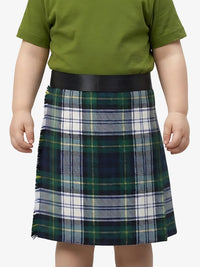 Person wearing a green shirt and plaid kilt on a white background