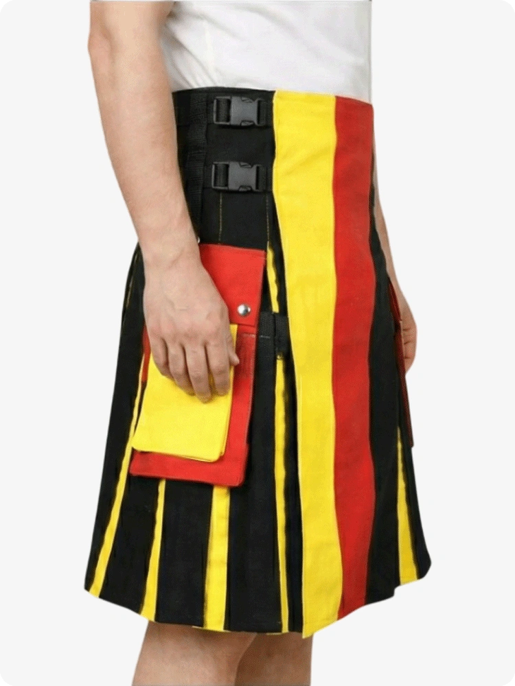 Person wearing a colorful striped kilt with black, red, and yellow stripes on a white background.