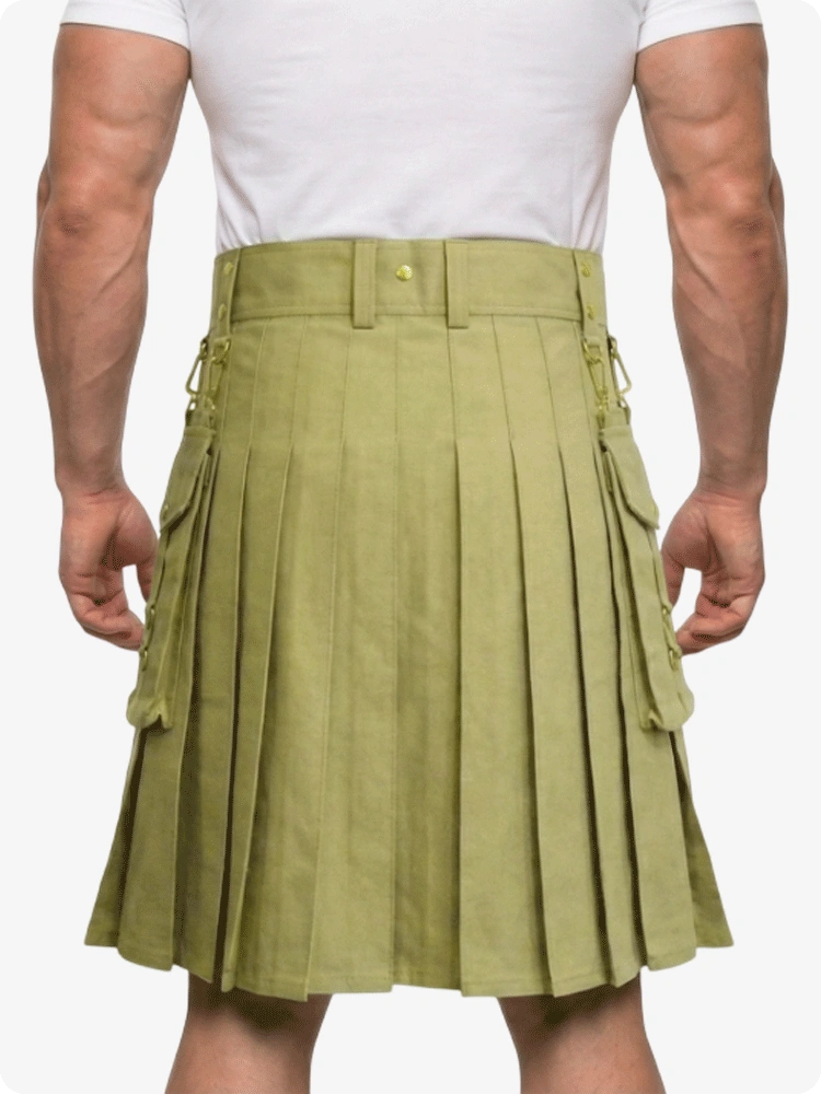 Custom Made Khaki Utility Kilt With Gold Button