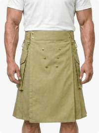 Man wearing a beige kilt on a white background