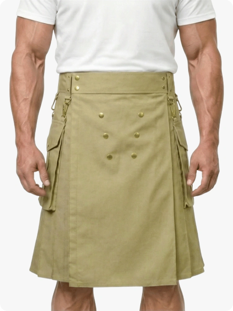 Custom Made Khaki Utility Kilt With Gold Button
