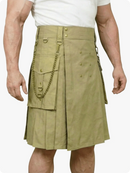 Person wearing a green kilt with gold chains on a white background