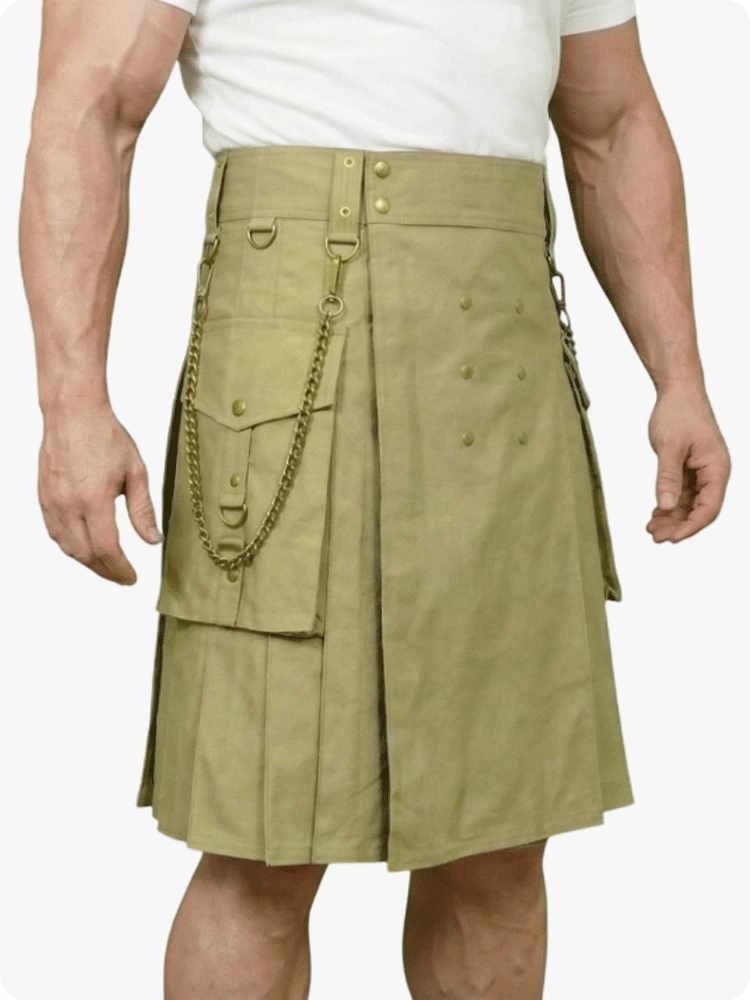 Person wearing a green kilt with gold chains on a white background