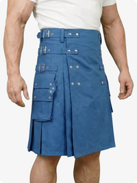 Blue kilt worn by a person on a white background