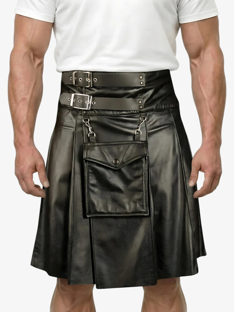 Maßgefertigter schwarzer Herren-Kilt aus Rindsleder
