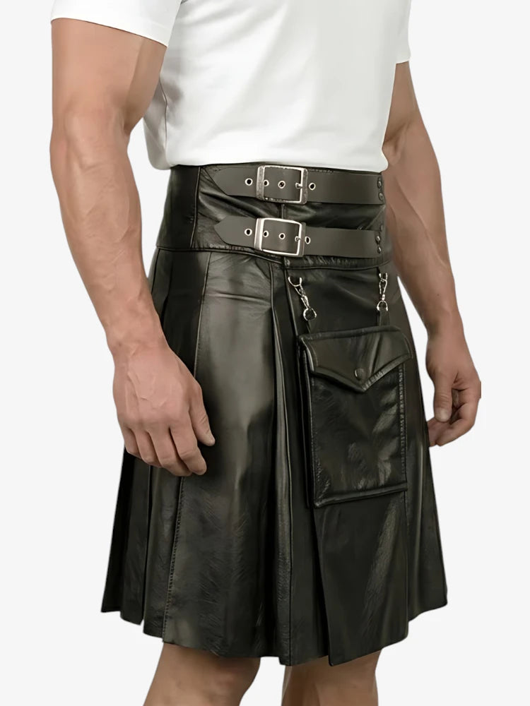 Maßgefertigter schwarzer Herren-Kilt aus Rindsleder