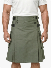 Person wearing a green kilt on a white background