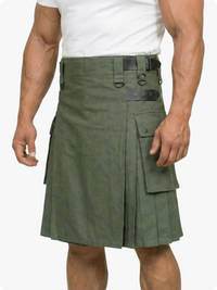 Person wearing a green kilt on a white background