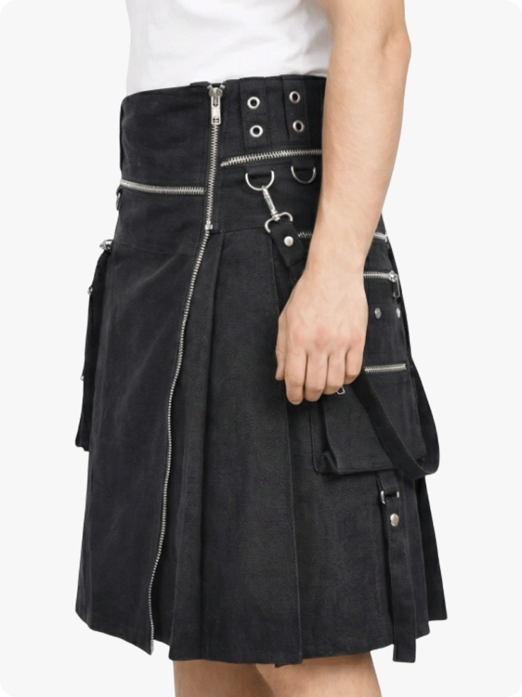Black kilt with zippers and buttons on a white background