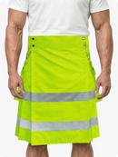 Person wearing a bright yellow safety skirt with reflective stripes on a white background