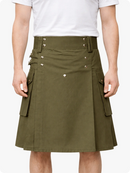Person wearing a green kilt on a white background