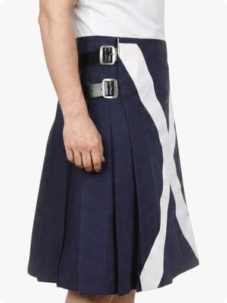 Navy blue skirt with white stripe and silver buckles on a white background