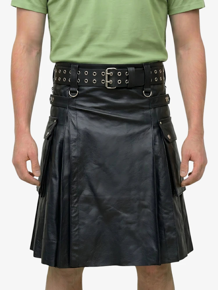 Maßgefertigter schwarzer schottischer Lederkilt für aktive Herren