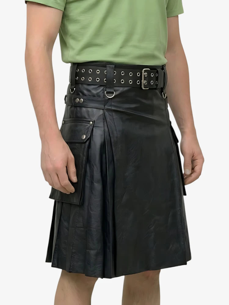 Maßgefertigter schwarzer schottischer Lederkilt für aktive Herren