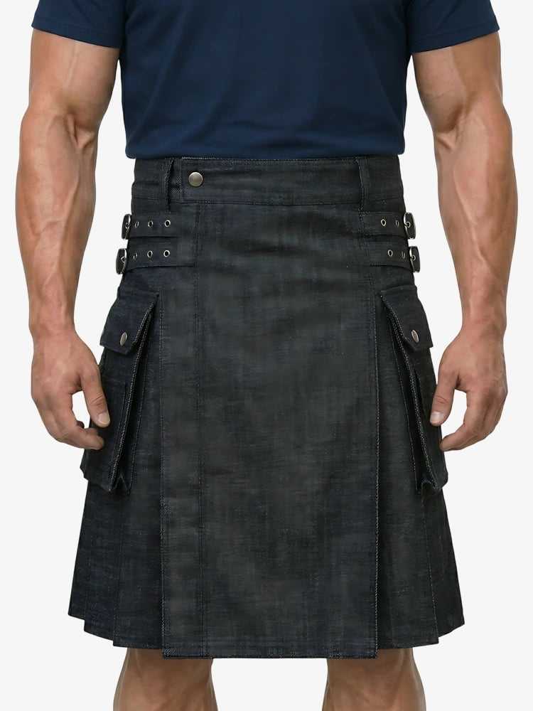 Maßgefertigter schottischer schwarzer Denim Utility Kilt