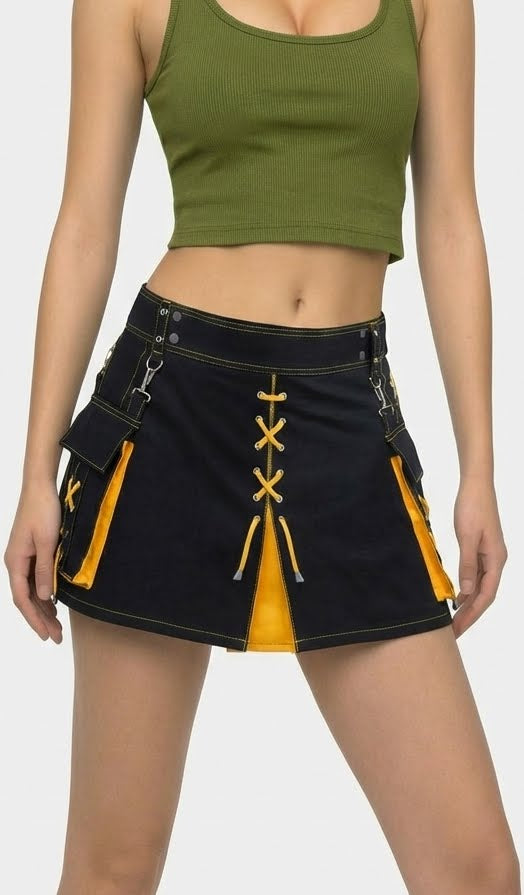 Maßgefertigter Schottischer Damen Hybrid Kilt Schwarz & Gelb