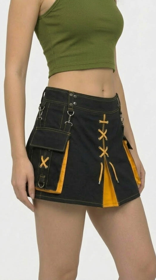 Maßgefertigter Schottischer Damen Hybrid Kilt Schwarz & Gelb