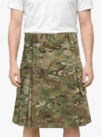 Camouflage Kilt worn by a person on a white background