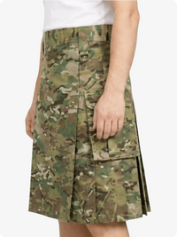 Camouflage skirt worn by a person on a white background
