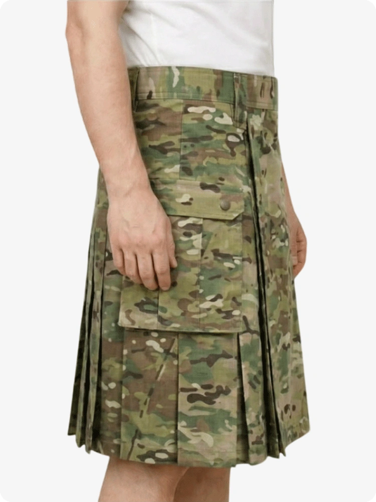 Camouflage kilt worn by a person on a white background